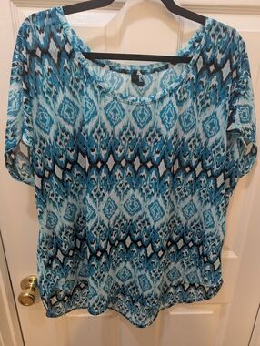 Lane Bryant Womens Blue Patterned Short Sleeve Top